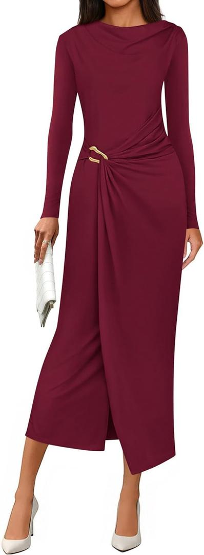 PRETTYGARDEN Women's Fall Wedding Guest Cocktail Midi Dresses Elegant Long Sleeve Bodycon Ruched Dress 2026 Fashion Clothing, Red, Small