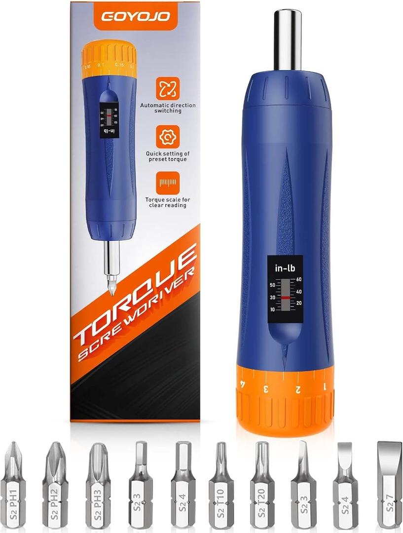 GOYOJO Torque Screwdriver 10-60 in-lb, 1/4 Drive Adjustable Torque Screwdriver Set with S2 Bits for Maintenance, Tools, Bike Repair and Mounting, Gift for Men