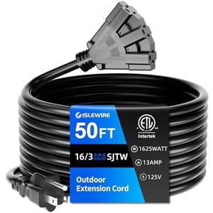 islewire 50 FT 3 Outlet Outdoor Extension Cord Waterproof, 16/3 SJTW Black Extension Cord with Multiple Outlets, Heavy Duty 16 Gauge 3-Prong Grounded Power Cable for Garden and Home Use, ETL Listed