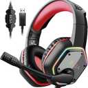 EKSA E1000 Gaming Headset, Computer Headphones with Noise Canceling Mic & RGB Light, 7.1 Surround Sound, Compatible with PC, PS4 PS5 Console, Laptop (Red)