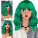 Green Wig and Sunglasses Set - 15 Inch Wavy Wig With Bangs - Heat Resistant Shoulder Length Curly Bob Wigs for Women - Bachelorette Party Costume Cosplay (Green)
