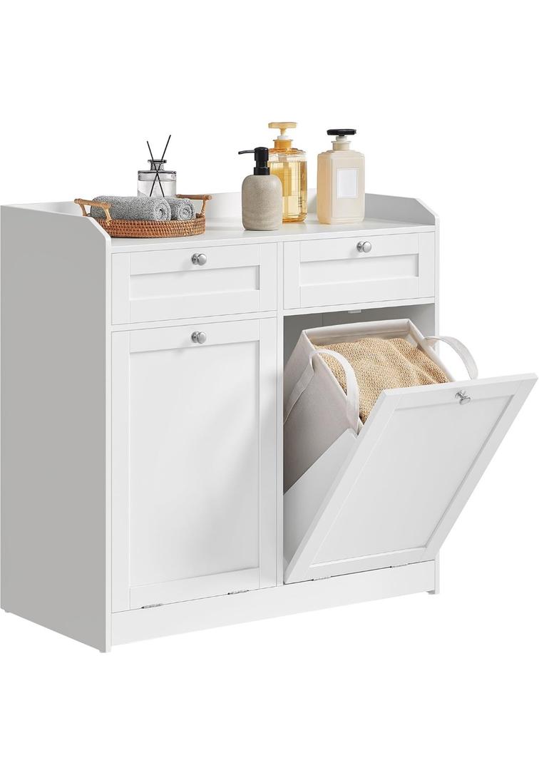 VASAGLE Laundry Cabinet with Tilt-Out Basket, Freestanding Storage Unit with Drawer and Laundry Hamper, for Bathroom, Living Room, 15.8 x 31.1 x 31.5 Inches, Cloud White UBBC751W01