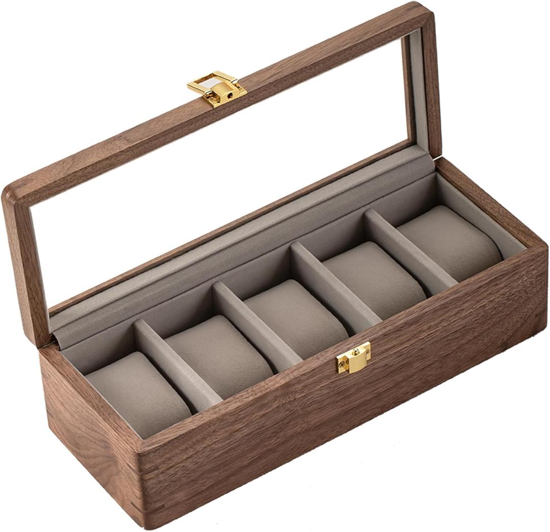 muso wood Watch Display Box, 5 Slot Watch Case for Men, Watch Organizer Box with Glass Lid, Watch Case with Removable Velvet Pillow, Father's Day Gift - 5 Slot, Walnut
