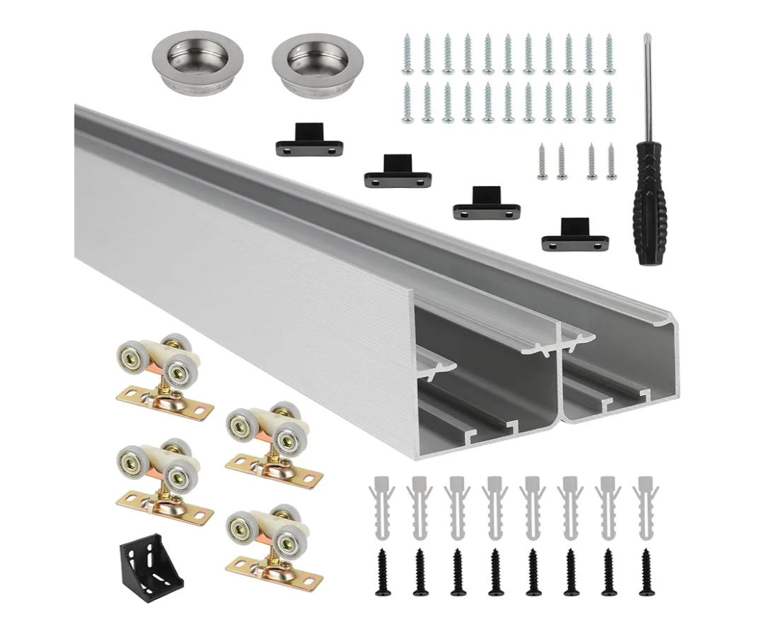 Dyna-Living 4FT Bypass Sliding Closet Door Track Hardware Kit, Heavy Duty Aluminum Pocket Door Hardware with Finger Pulls, Smoothly and Quietly, for 2 Do-or Syste, Fit Door Thickness 1 3/8" or 1 3/4"