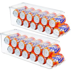 2 Pack Soda Can Organizer for Refrigerator, Stackable Canned Food Pop Cans Container Can Holder Dispenser with Lid for Fridge Rack Freezer, Clear Storage Bins-Holds 12 Cans Each (Clear)