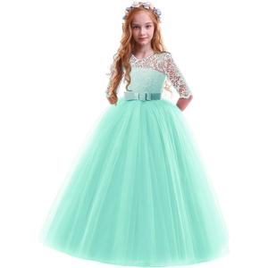 Girls Flower Vintage Floral Lace 3/4 Sleeves Floor Length Dress Wedding Party Evening Formal Pegeant Dance Gown (9-10 Years, Mint Green)