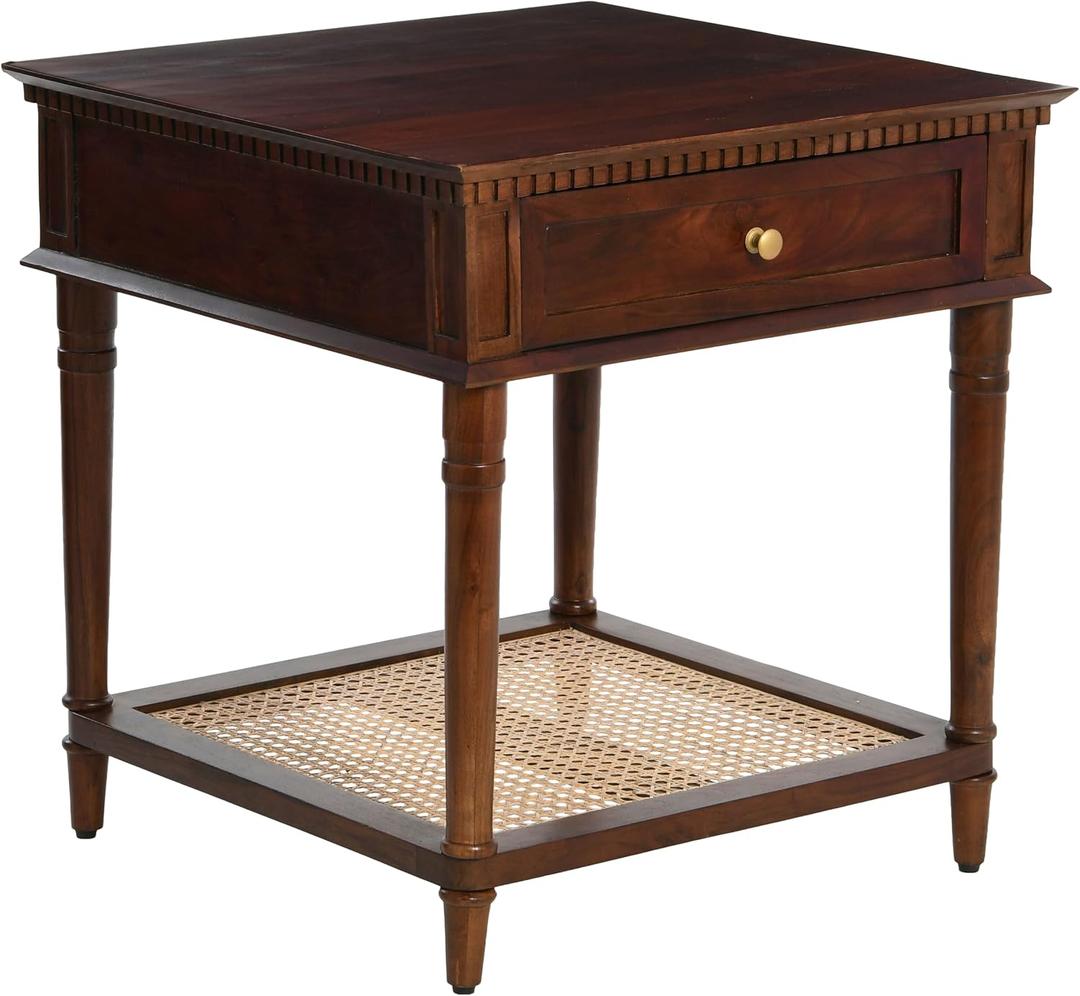 Creative Co-Op Maxwelton Solid Wood End Table with Drawer and Woven Cane Storage Shelf, Dark Chestnut and Natural, 24 x 24 x 25 inches
