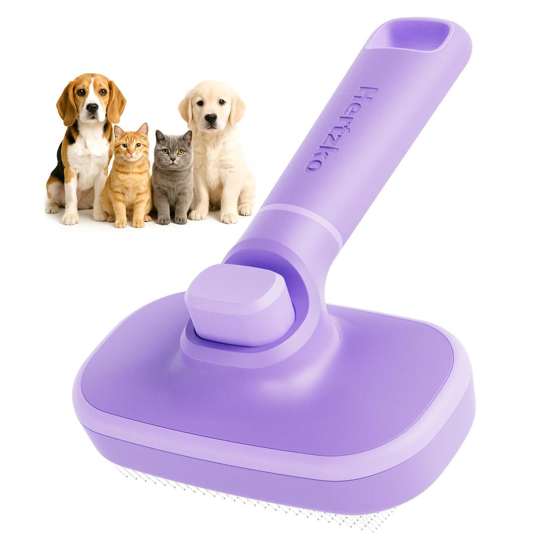 Hertzko Self Cleaning Slicker Brush for Dogs and Cats - Pet Hair Brush for Shedding Long and Short Hair - Easy Clean Retractable Bristles - Cat and Dog Grooming Tool - Purple