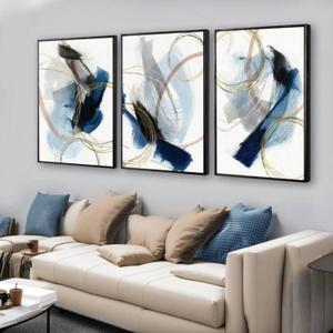3 Piece black franed Abstract Wall Art Blue Paintings Minimalist Wall Decor Graffiti Poster Modern Artwork Picture Canvas Print,Framed for Living Room Bedroom