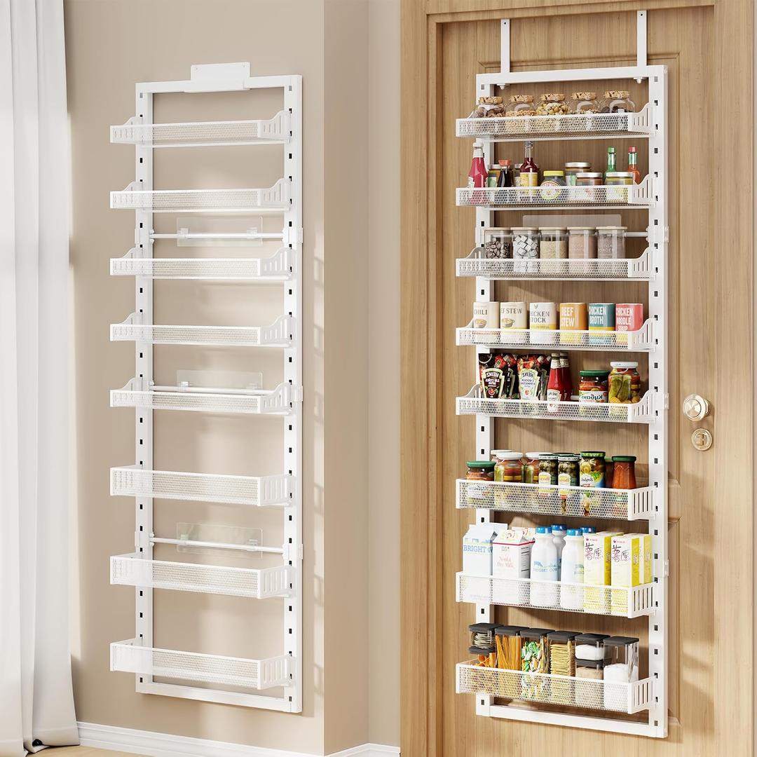 8 Tier Pantry Door Organizer, 2 IN 1 Over the Door Pantry Organizer with Metal Adjustable Baskets,Spice Rack Wall Mount or Door Organizer, Door Spice Rack for Pantry