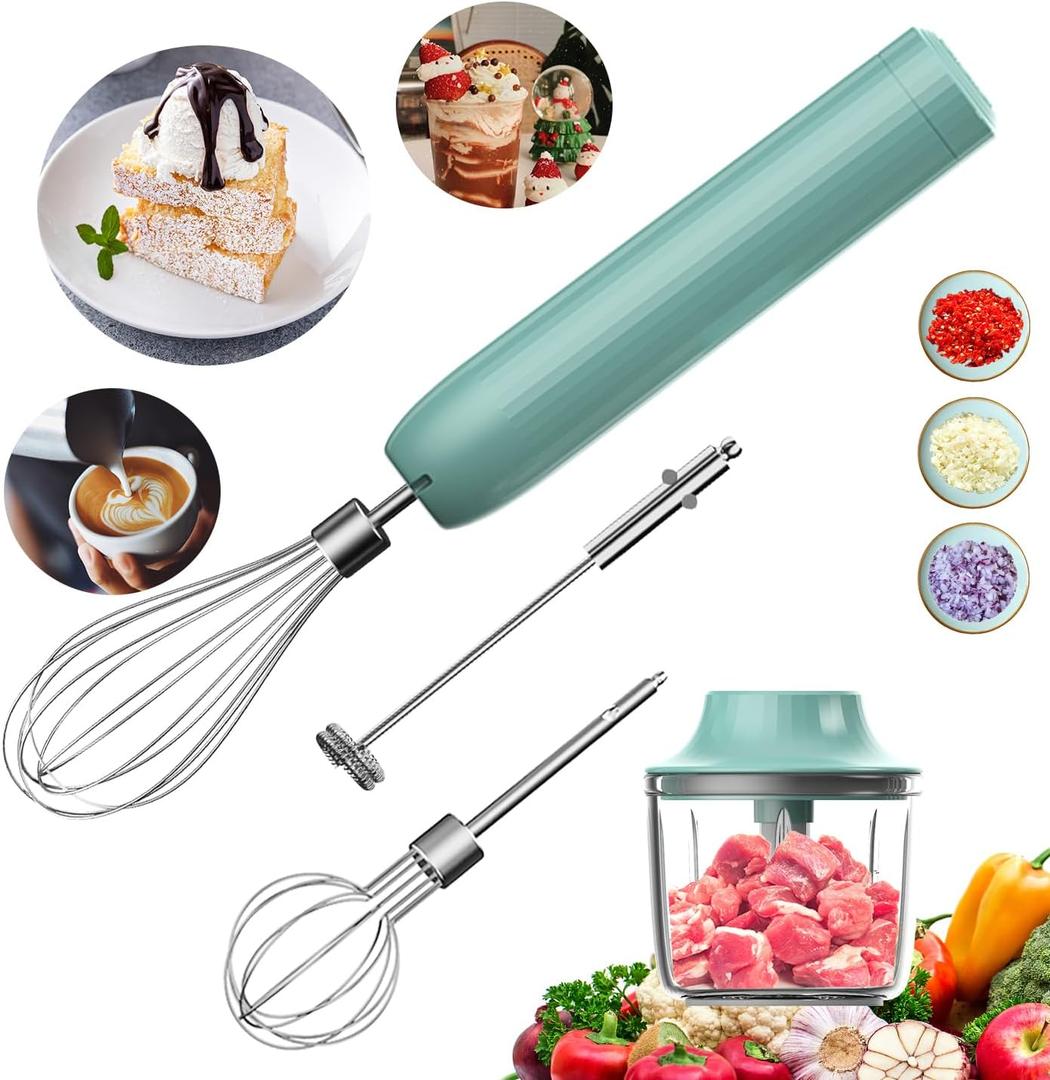 4-in-1 Handheld Frother, Coffee Frother Handheld, Electric Whisk, Milk Frother Wand for Coffee, Matcha, Electric Hand Mixer, Mini Onion Chopper 10Oz, Small Cordless Hand Blender, 4 Speed