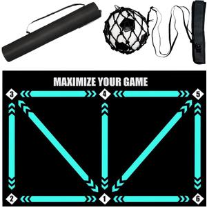 Football Footstep Training Mat, Soccer Training Mat 35 * 24IN, Soccer Skills Training Equipment with Storage Bag and Soccer Return Trainer Net (Black-Blue)
