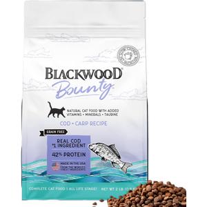 Blackwood Bounty Dry Cat Food, Cod & Carp Recipe for All Life Stages, 2 Pound Bag, High Protein, Grain Free (EXP 10/23/25)