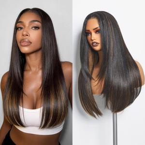 GORGIUS Brown Highlighted Straight Lace Front Wigs Pre Cut Wear and Go Glueless Glueless Layered Wig Middle Part Fiber Blend Human Hair Frontal Wig with Natural Hairline 24 Inch