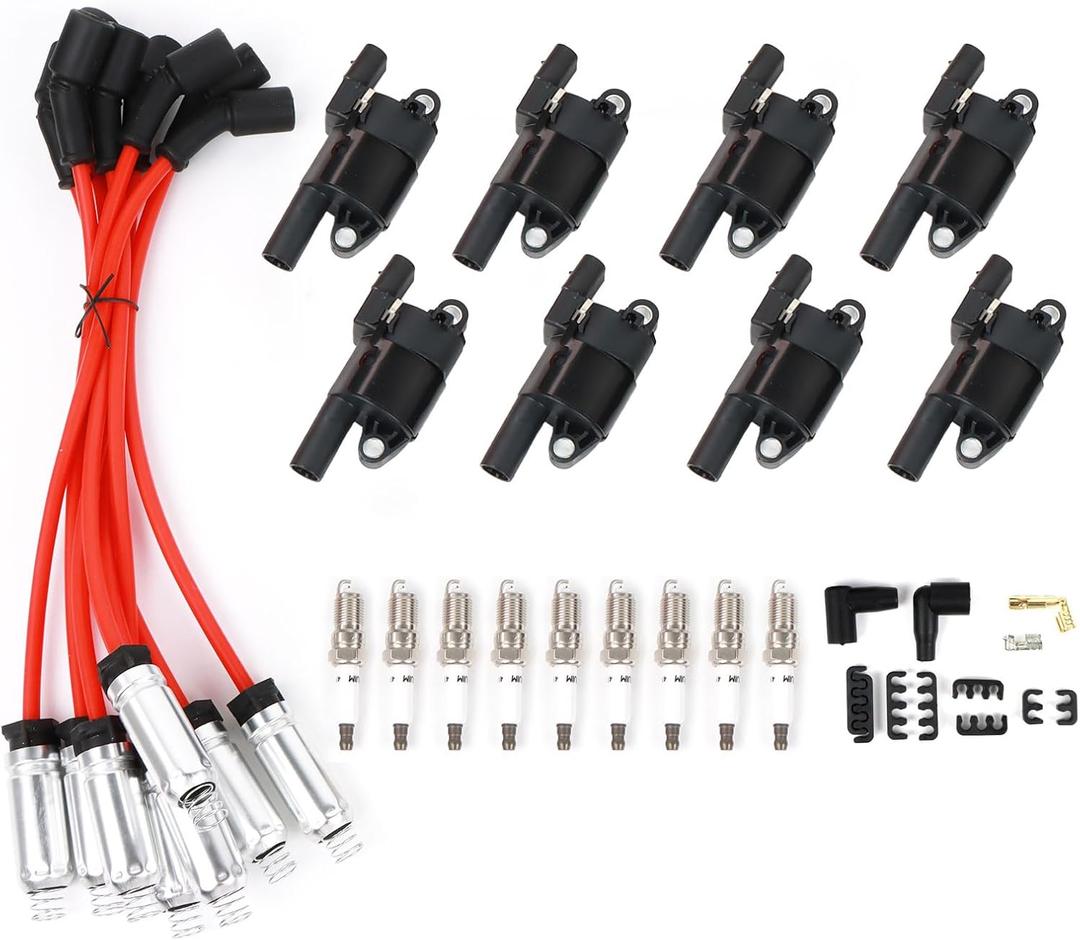 8PCS UF414 Round Ignition Coils Pack & Iridium Spark Plugs & Spark Plug Wires Set Compatible with Chevrolet Corvette Avalanche Silverado 1500 2500 3500 GMC Savana 1500 2500 Cadillac Escalade