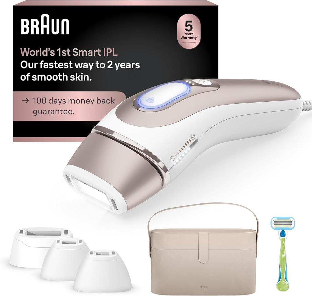 Braun IPL Skin iexpert, at Home Laser Hair Removal, Holiday Gifts for Women and Men with Free App, SMART IPL, Vanity Case, Venus Razor, 4 Smart Heads, PL7387 (White/Bronze)