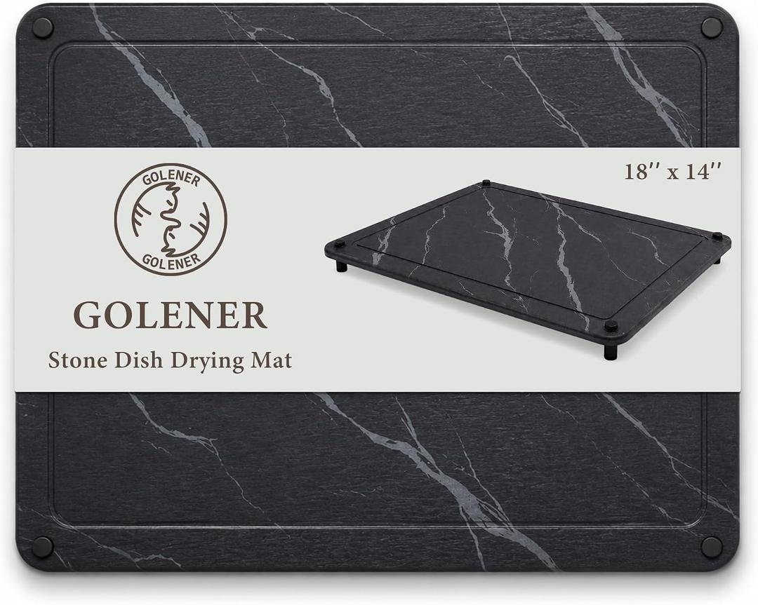 Golener Stone Drying Mat for Kitchen Counter, Stone Dish Drying Mat,18"x14" | Black Drying Stone for Kitchen Counter, Diatomaceous Earth Dish Mat, Quick Absorbent Drying Stone Rack, Non-Slip, Easy Clean
