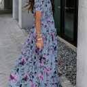 BLENCOT Womens Casual Boho Floral Printed V Neck Short Sleeve Long Evening Dress Ruched Cocktail Party Maxi Wedding Dress (Blue, XL)