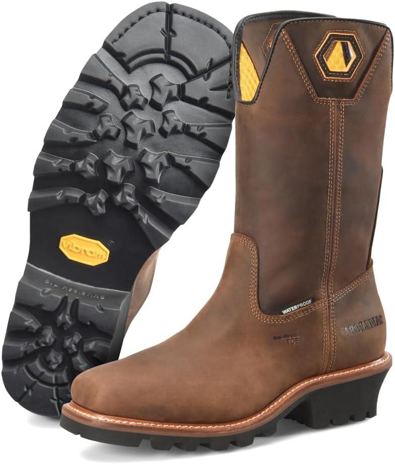 Carolina Coppice Composite Toe Wellington Logger Boots for Men - Waterproof Square Toe Leather Boots with Slip-Resistant Vibram Rubber Lug Outsoles (10 Wide, Dark Brown)