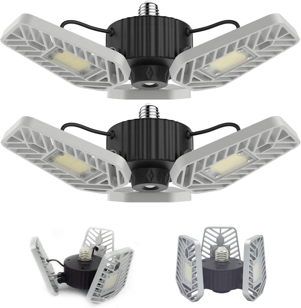 LZHOME 2-Pack LED Garage Lights, 6500Lumens E26/E27 Adjustable Trilights Ceiling Light,60W LED Light, CRI>80, 5000k Nature, Garage Lights with Adjustable Panels(No Motion Activate)