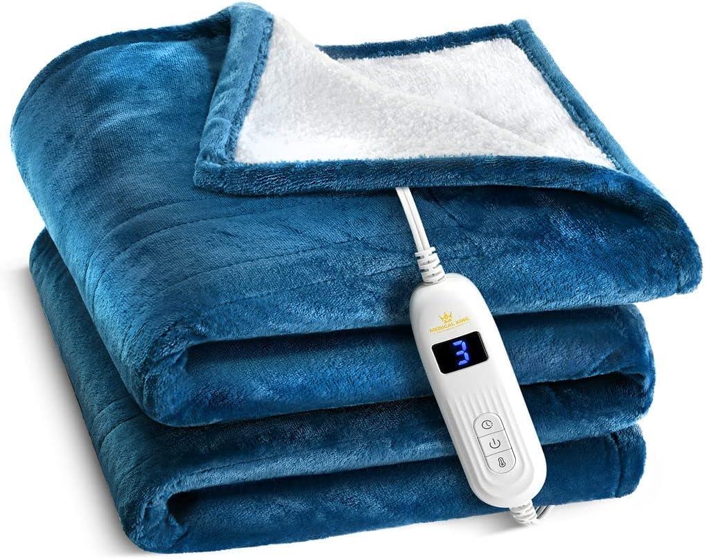 Medical king Heated Blanket, Machine Washable Extremely Soft & Comfortable Electric Blanket Throw Fast Heating with Hand Controller 10 Heating Settings & auto Shut-Off (Blue, 50 x 60)