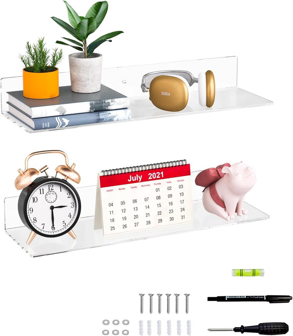 20 Inch Clear Wall Shelves for Wall, Wall Mounted Acrylic Floating Shelf for Plants, Speaker, Radio, Funko Pop, Stuffed Animal, Books, Cosmetics, Toiletries, 2 Pack (20 Inch)