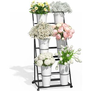 Black Tiered Flower Display Stand with 6 Buckets, Rolling 3-Tier Floral Cart for Florists, Markets & Events, Mobile Flower Presentation Rack for Shop, Patio or Wedding Setup