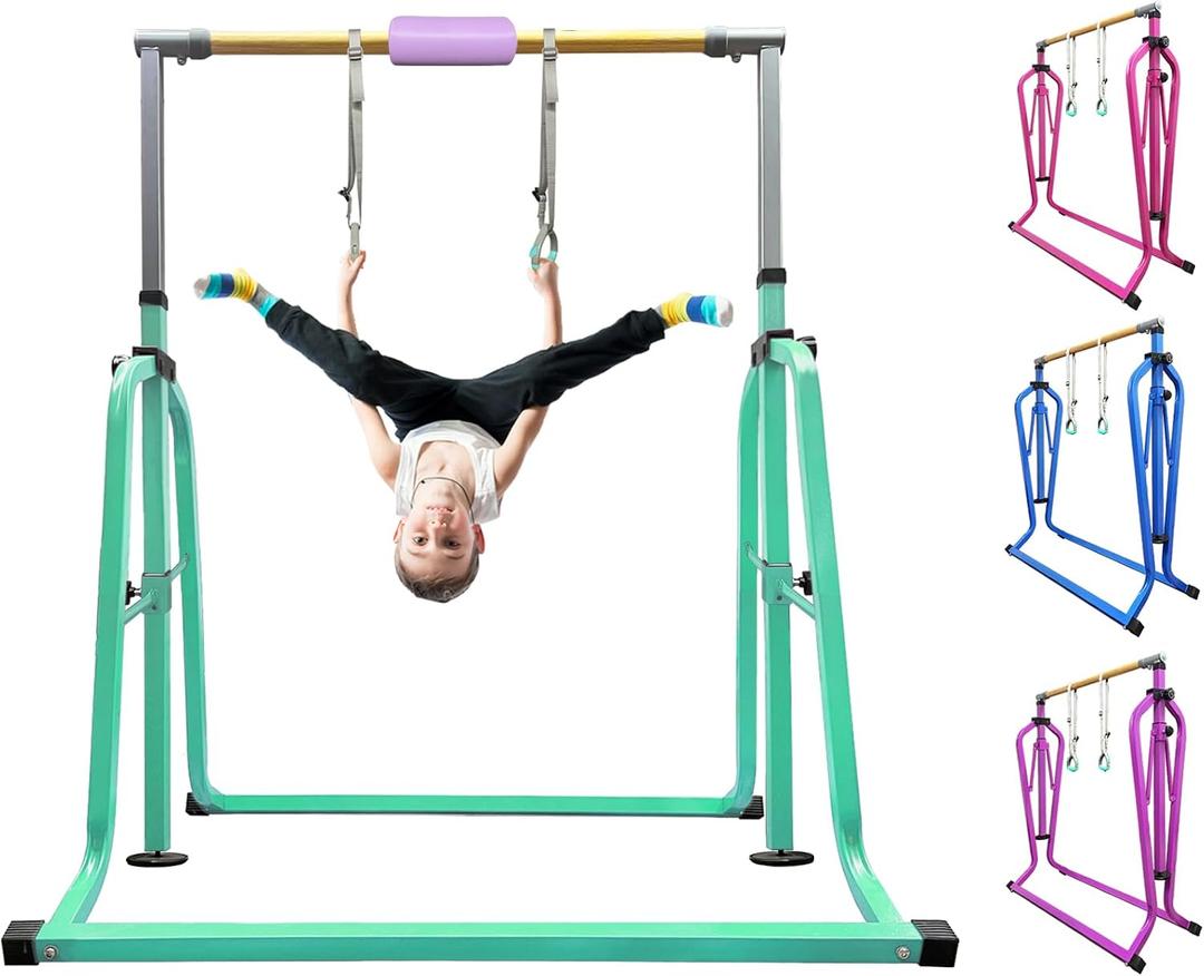 Foldable & Moveable Gymnastics Horizontal Bar with Rings,3to 5Adjustable Height Expandable Junior Kip Bar for Home,Indoor Gym Equipment for Kids