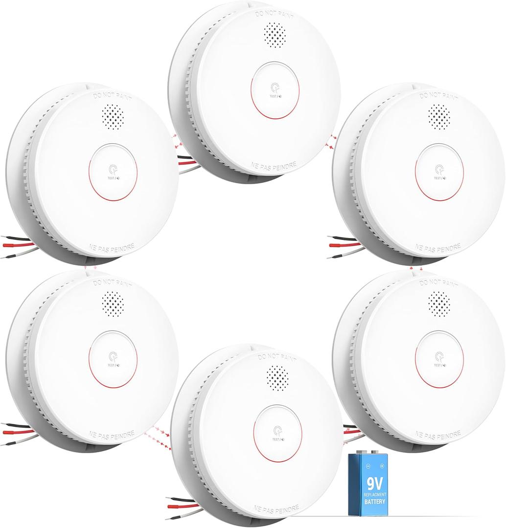 SITERWELL Smoke Detector, Hardwired Interconnected Smoke Detector, Photoelectric Smoke Alarm with 9V Backup Battery, Fire Alarm with Test/Silence Button, ETL-9th Listed, GS562A, 6 Packs