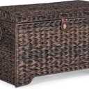 Honjourai Handwoven Storage Basket with Lid, 178L Plastic Rattan Storage Bin, Leather Buckle & Metal Frame, Large Metal Ring Handles, Storage Trunk for Bedroom, Laundry Room