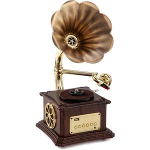 Mini Gramophone Vintage Copper Horn Record Player with Bluetooth, USB, AUX, FM Radio and Builtin Speakers for Gift Home Decor
