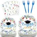 96Pcs Blue Wildflower Graduation Party Decorations 2026 Congrats Grad Floral Paper Plates Napkins Flower Class of 2026 Disposable Tableware Set for College High School Grad Party Supplies Serves 24