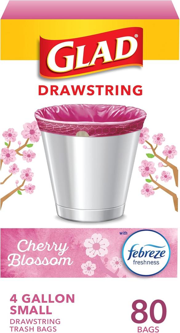 Glad Small Trash Bags 4 Gallon, Febreze Cherry Blossom Garbage Bags, Odor Resistant with Drawstring, 80 Count