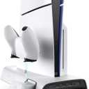 KIWI design D3 Cooling Station for PS5 Slim with Press-and-Pull Design, Controller Charging Station with Magnetic Dongles, Vertical Stand with High-Speed Cooling Fan and RGB for PS5 Slim Accessories