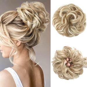 CJL HAIR Large Messy Bun Hair Piece Wavy Curly Scrunchies Synthetic Chignon Ponytail Hair Extensions Thick Updo Hairpieces for Women Dirty Blonde