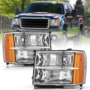 Fit for 2007-2013 GMC Sierra 1500 Headlight Assembly 07-14 GMC Sierra 2500 HD 3500 HD OE Factory Style Replacement LH+RH Chrome Housing&Amber Reflector (w/o Bulbs)