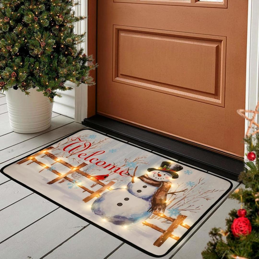 Christmas Snowman Doormat 17x29 inches, Christmas Eve Welcome Doormat, Door Welcome Decoration, Non-Slip Short Plush Indoor/Outdoor Entrance Doormat Decoration