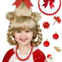Half and Half Kids Christmas Cindy Wig Blonde Double Braids Wig with Red Bow-kot + Necklace + Earrings + Wig Cap for Girls Child Toddler Costumes Halloween