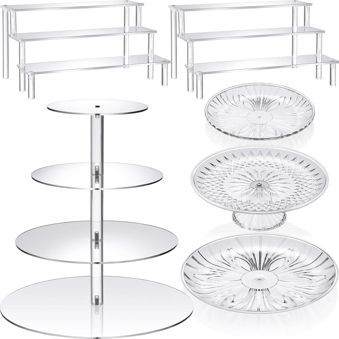 6 Pcs Acrylic Dessert Stands Set Include Display Risers Cupcake Tower and Clear Round Dessert Trays Cake Table Holder for Wedding Baby Shower Decoration(Novel Style)