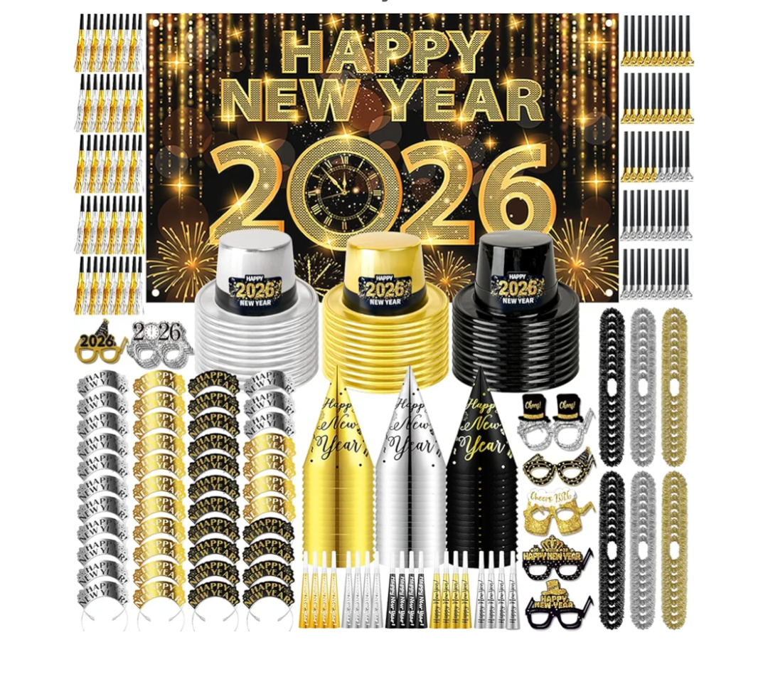 MOVINPE 2026 New Years Eve Party Supplies Bulk Serve 120 - New Year's Banner Backdrop Top Hats, Cone Hats, Tiara, Glasses, Leis, Horns, Blowouts, Noiese Makers, Event Party Favors