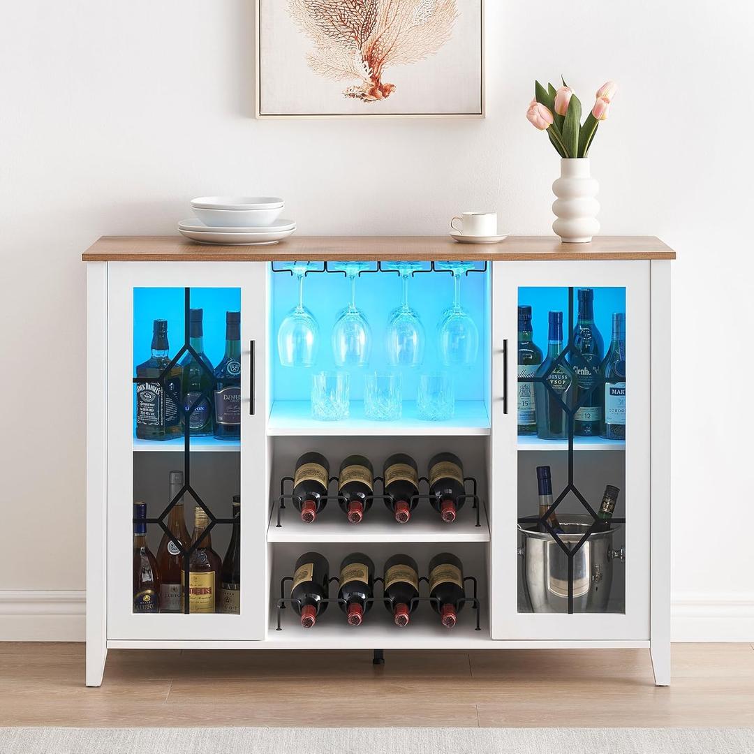 Garvee Wine Bar Cabinet with Led Light, Glass Door Liquor Cabinet with Wine Rack, Coffee Bar Table with Storage, Liquor Sideboard with Adjustable Shelves for Living Room, 47.2 in, White