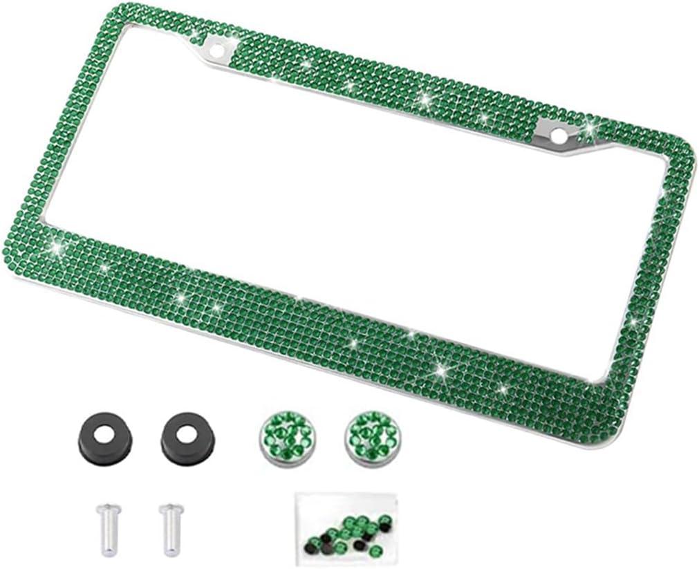 Bling Car License Plate Frame, Sparkly Rhinestone Diamond Stainless Steel License Plate Holder, Automotive Tag Holder Ornaments for Women Girls, Universal for Vehicles (Dark Green)