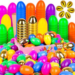 100 Pack 3 Inch Large Fillable Plastic Easter Eggs Bulk Include 6 Surprise Golden Eggs, Bright Color Empty Easter Eggs for Easter Hunts, Basket Stuffers Fillers, Easter Party Favors Classroom Prize