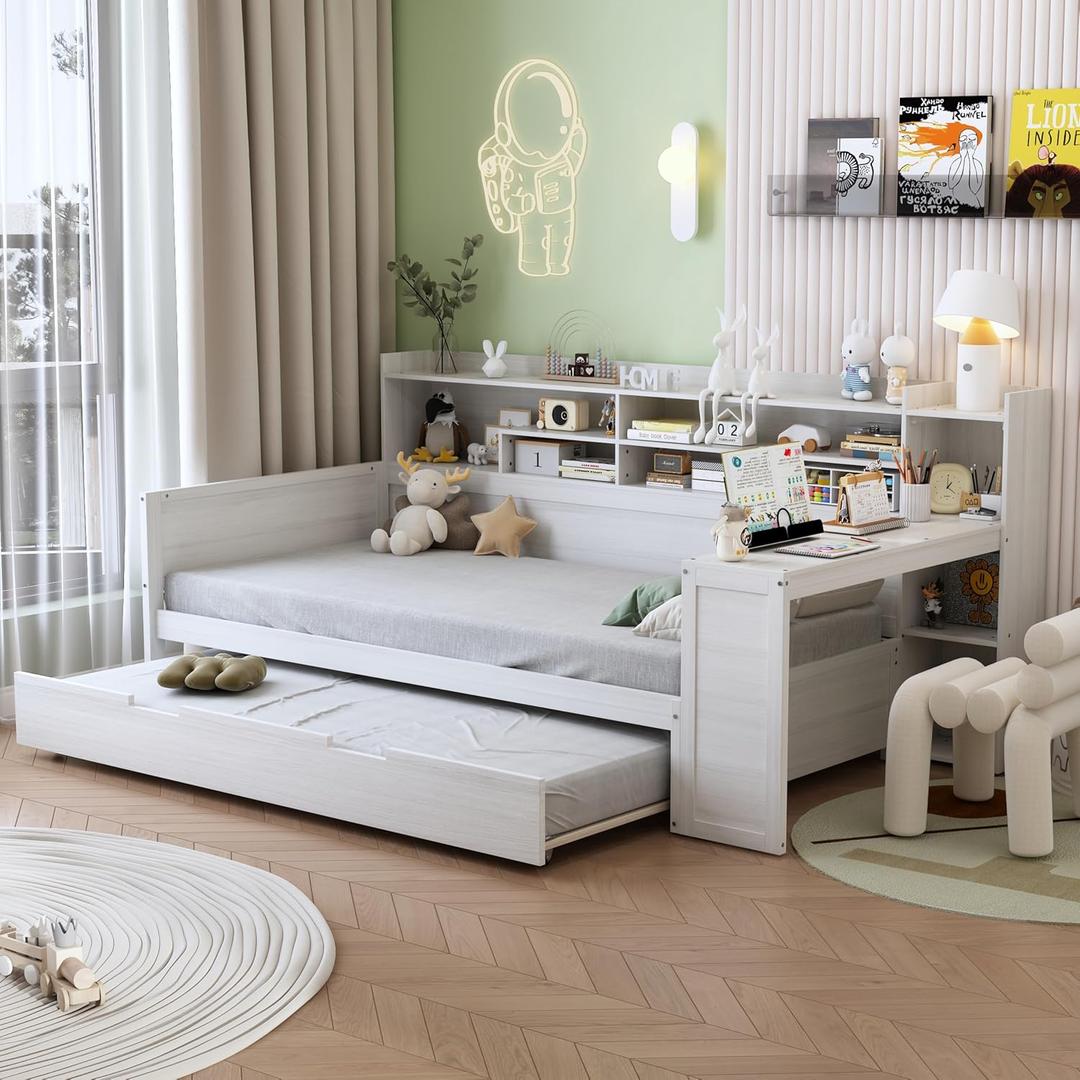 Bellemave Twin Corner Bed Frame with Storage Shelves and Desk, Wood Twin Size Daybed with Bookcase and Trundle, Antique White