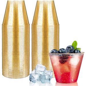[100 Pack] 9oz Plastic Cups with Gold Glitter Sturdy & Food Safe Disposable Wine Glasses Party Wedding Cups Disposable Drinking Cups Plastic Cocktail Glasses for Wine, Cocktails & Cold Beverages