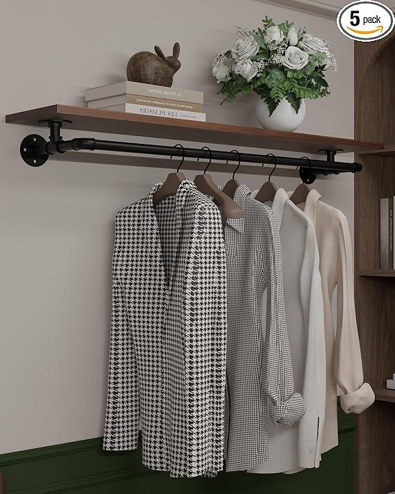 TEDIDUWA Clothes Rack 48in, Wall Mounted Garment Rack with Solid Walnut Wood Shelf, Heavy Duty Hanging Clothes Rack, Multi-Purpose Hanging Rod, Space-Saving Closet Storage