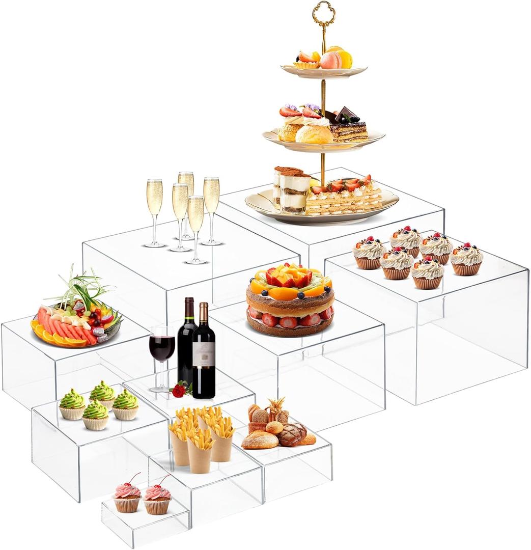 10 PCS Buffet Risers, Large Food Risers for Buffet Table, Food Display Risers for Party, White Acrylic Boxes Dessert Table Display Set, Risers Display Stands (Size 10" 9" 8" 7" 6" 5" 5" 4" 4" 3", Transparent)