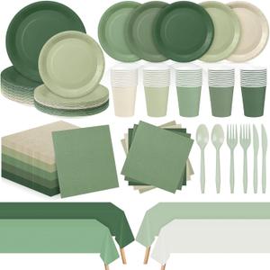 Mimorou 354 Pcs Sage Green Plates and Napkins Set Serves 50 Guests Gradient Sage Green Tablecloth Plates Cup and Napkins Tableware for Birthday Wedding Bridal Baby Shower Party Supplies