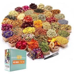 40 Bags Natural Dried Flowers Kit, Natural Dried Herbs with 2 Mesh Drawstring Bag for Soap,Candle,Resin Jewelry Making,Bath,Nail - Rose Petals,Rosebuds,Lilium,Jasmine,Don't Forget Me and More
