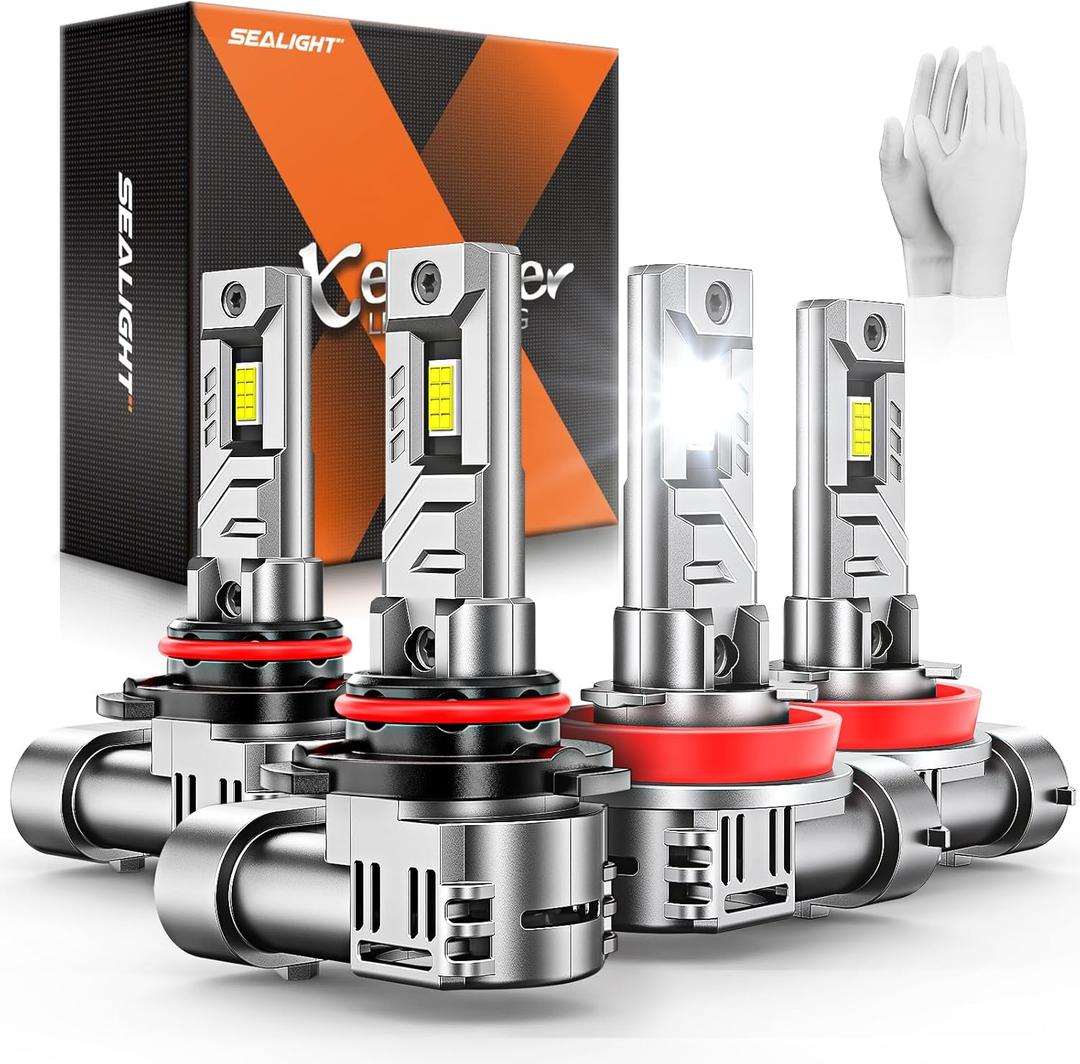 SEALIGHT 9005 H11 Bulbs, 96,000LM 900% Brightness HB3 H8/H9 Light Bulbs, 6500K Cool White Bulbs with 15000RPM Fan, Plug and Play ATV/UTV, 10-Year Extended Lifespan IP68 Waterproof, Pack of 4